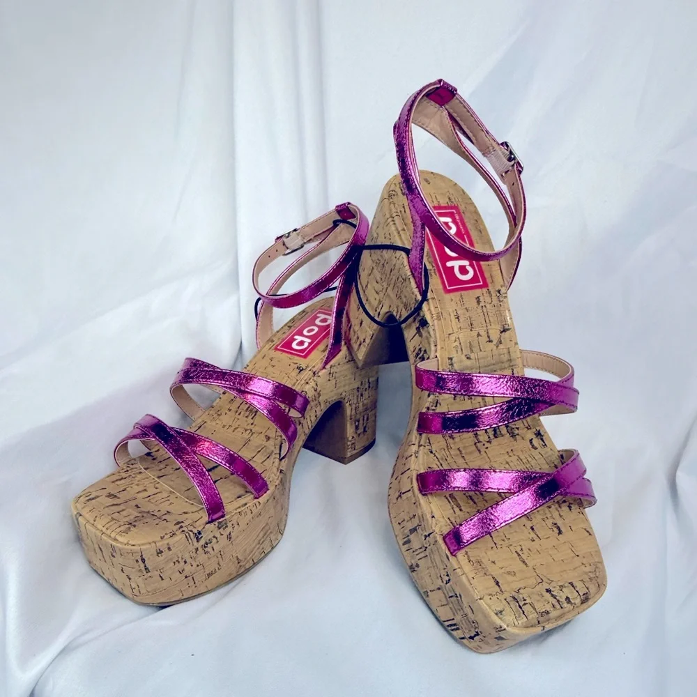 NIB POP Admission Metallic Pink Cork Heeled Sandals - Picture 1 of 14